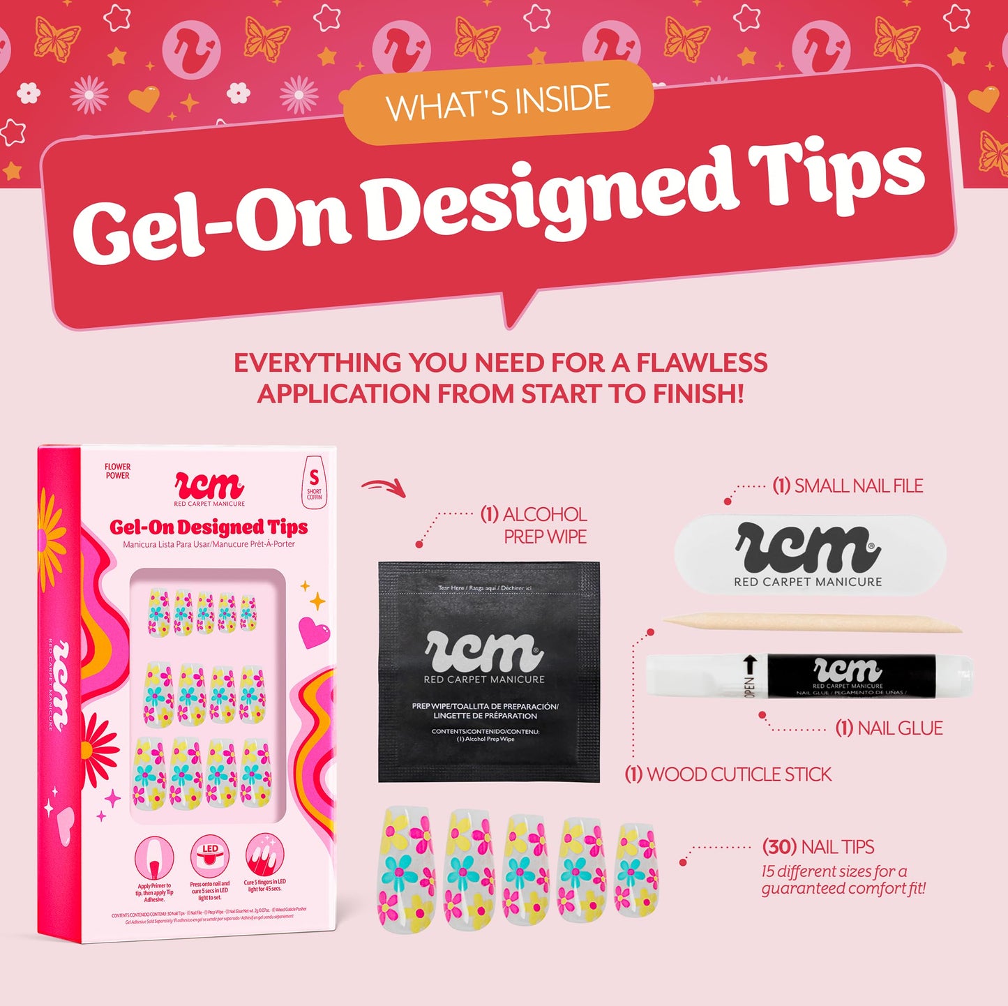 RC Red Carpet Manicure Gel-On Designed Tips - Full Coverage, Flexible, Break-Resistant, 21-Day Wear, UV/LED Cured Gel Adhesion for Natural Look (Flower Power Short Coffin)