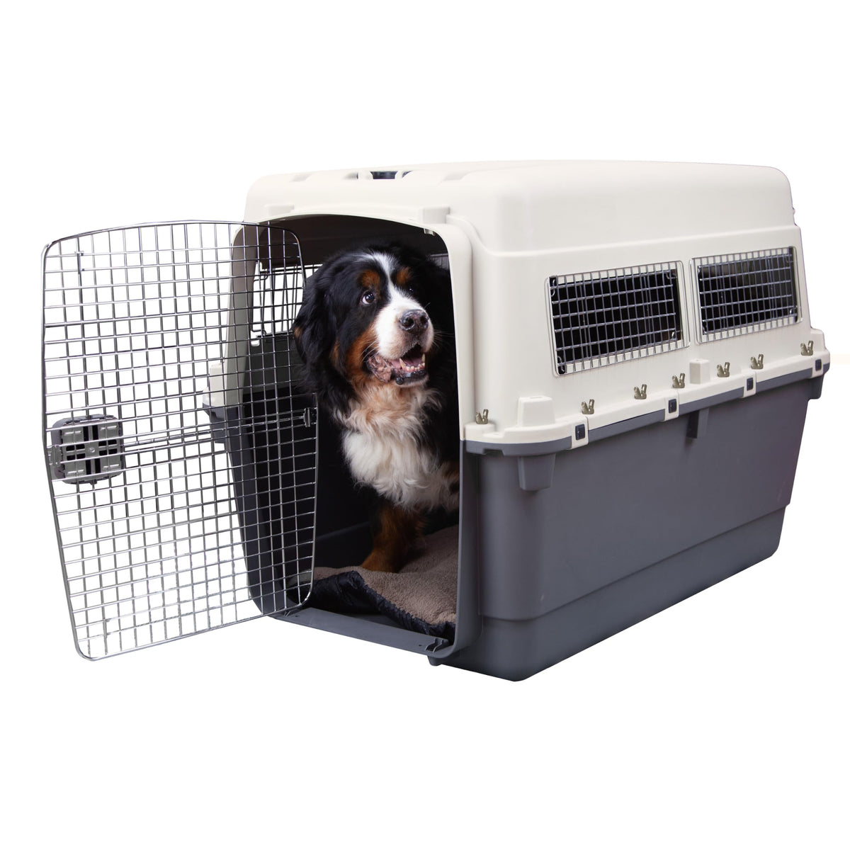SportPet Airline Compliant LARGE 31.5" Travel Dog Kennel-Durable Plastic Airline Pet Carrier w/ Removable Wheels & Food Bowls, Collapsible Indoor/Outdoor Dog Kennel, Dogs up to 28"L & 20"H-Cream/Gray