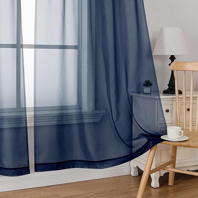 Simplebrand Navy Short Sheer Curtains 45 Inch Length for Small Windows, Rod Pocket 2 Panels Set Solid Voile Drapes Window Sheer Curtains for Bedroom Bathroom Kids Room Kitchen, 42x45 Inch, Navy