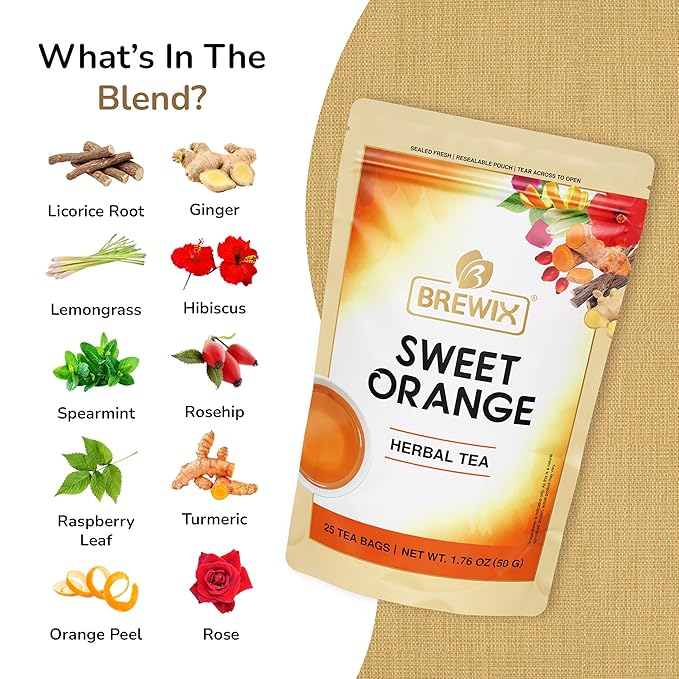 BREWIX, Sweet Orange Hibiscus Tea Bags (25 Pyramid Tea Bags) Caffeine-Free Herbal Tea | Ginger, Hibiscus, Spearmint, Rosehip, Turmeric | Supports Daily Balance & Calm | For Health & Wellbeing | Iced and Hot