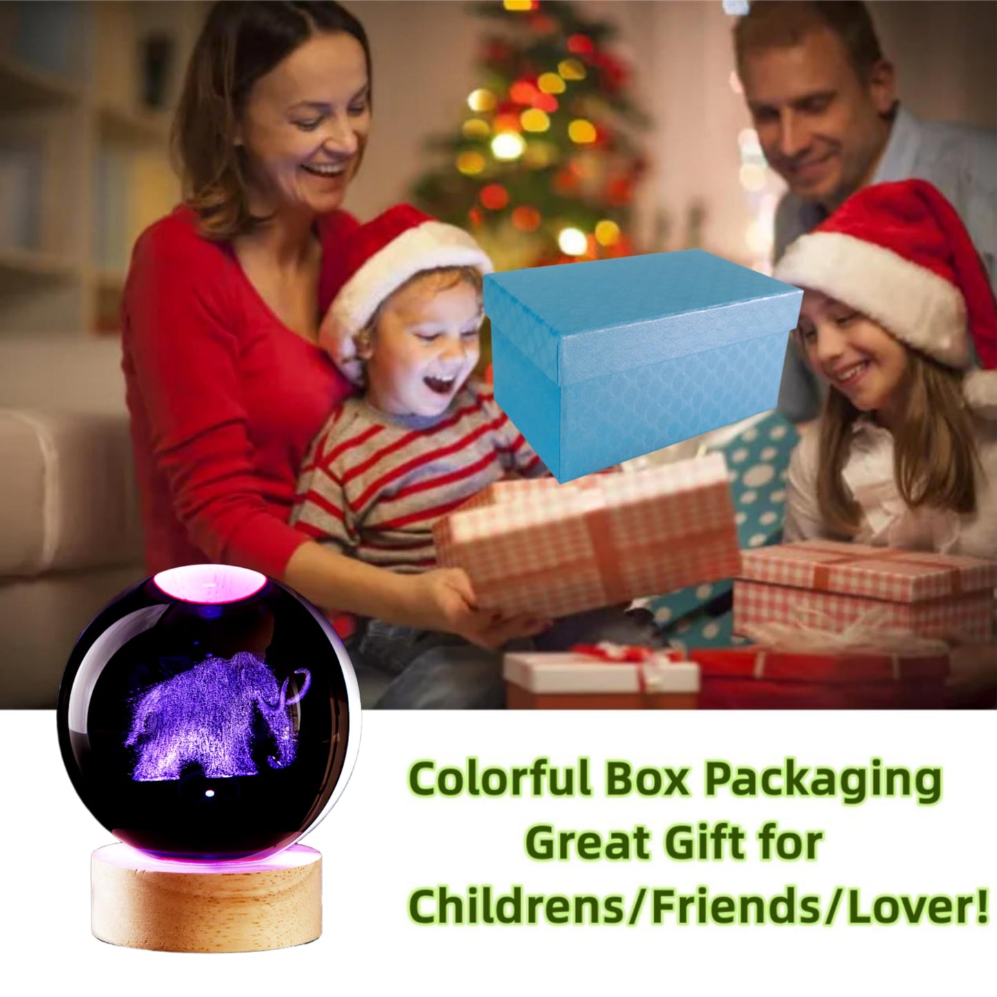 LMLOBEP Large Elephant Crystal Ball Night Light with Woodern Base, 3D Mammoth Crystal Lamp 16 Color Changing with Remote Control, Laser Engraved Glass Ball Lamp, Room Decor (Elephant)