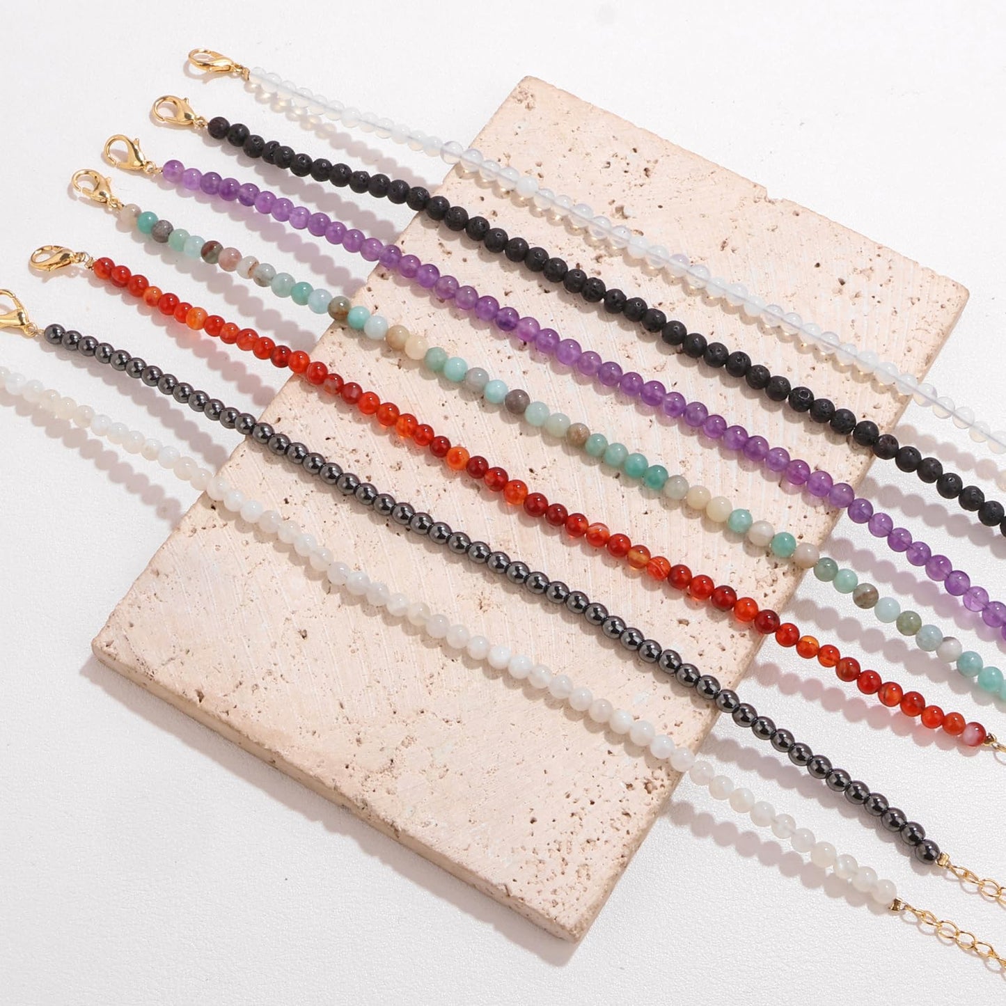 Bolinailo Natural Stone Beaded Anklets for Women, Handmade Boho Amethyst 4mm Crystal Beads Anklet, Gold Chain Adjustable Ankles Bracelet, Beach Summer Jewelry Gift