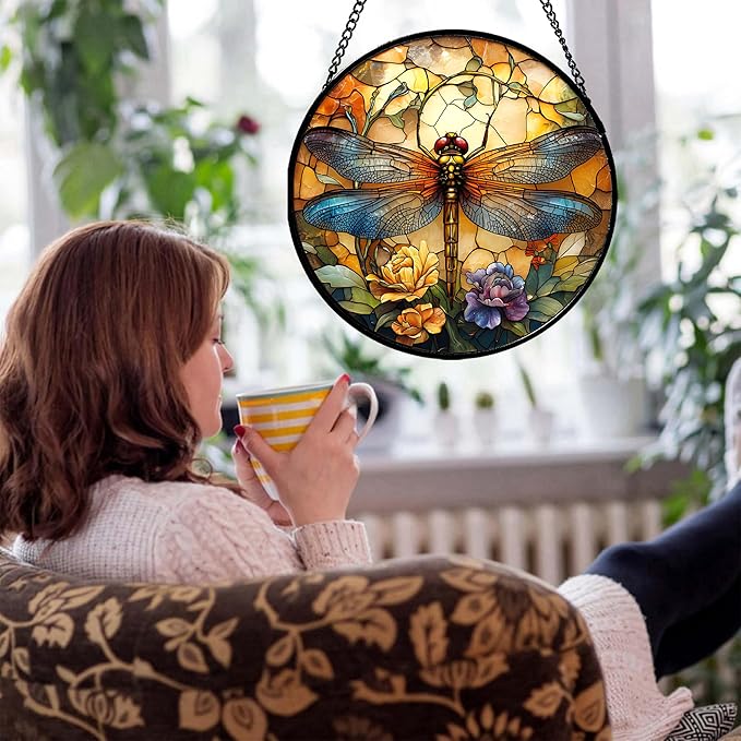 Stained Glass Window Hanging - Orange Blue Dragonfly Flower Suncatcher for Doors Window Home Sun Catchers Decor Christmas Mother's Day Birthday Outdoor Gifts for Women Men Mom Nana 11.8 in