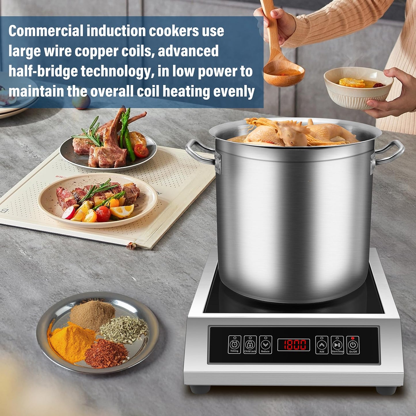 WaterElfo Professional Portable Induction Cooktop,1800 Watts 120V Commercial Range Countertop Burner, 1800 Watts Induction Burner with Sensor Touch and LCD Screen Low noise, timed