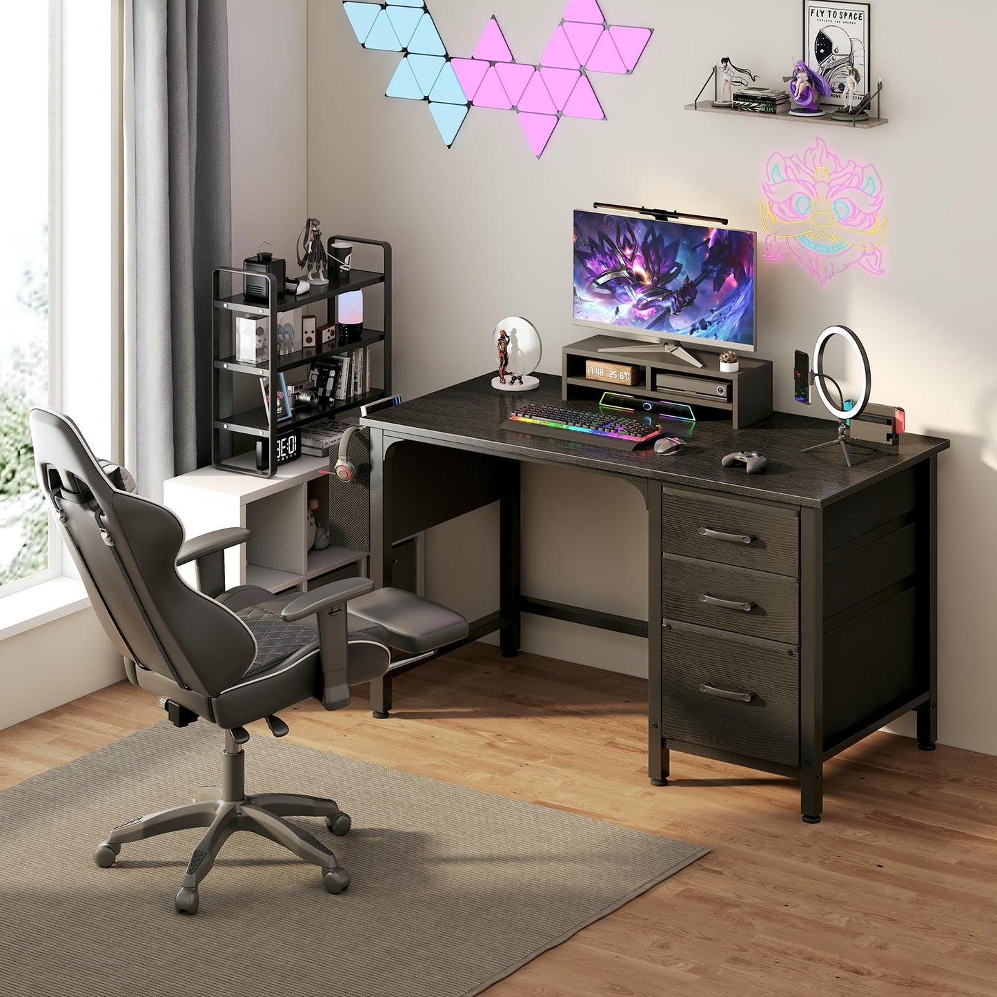 Lufeiya Computer Desk with File Drawers Cabinet, 47 Inch Reversible Home Office Desks with Filing Cabinet for Small Space, Gaming Study Writing Table PC Desks, Black