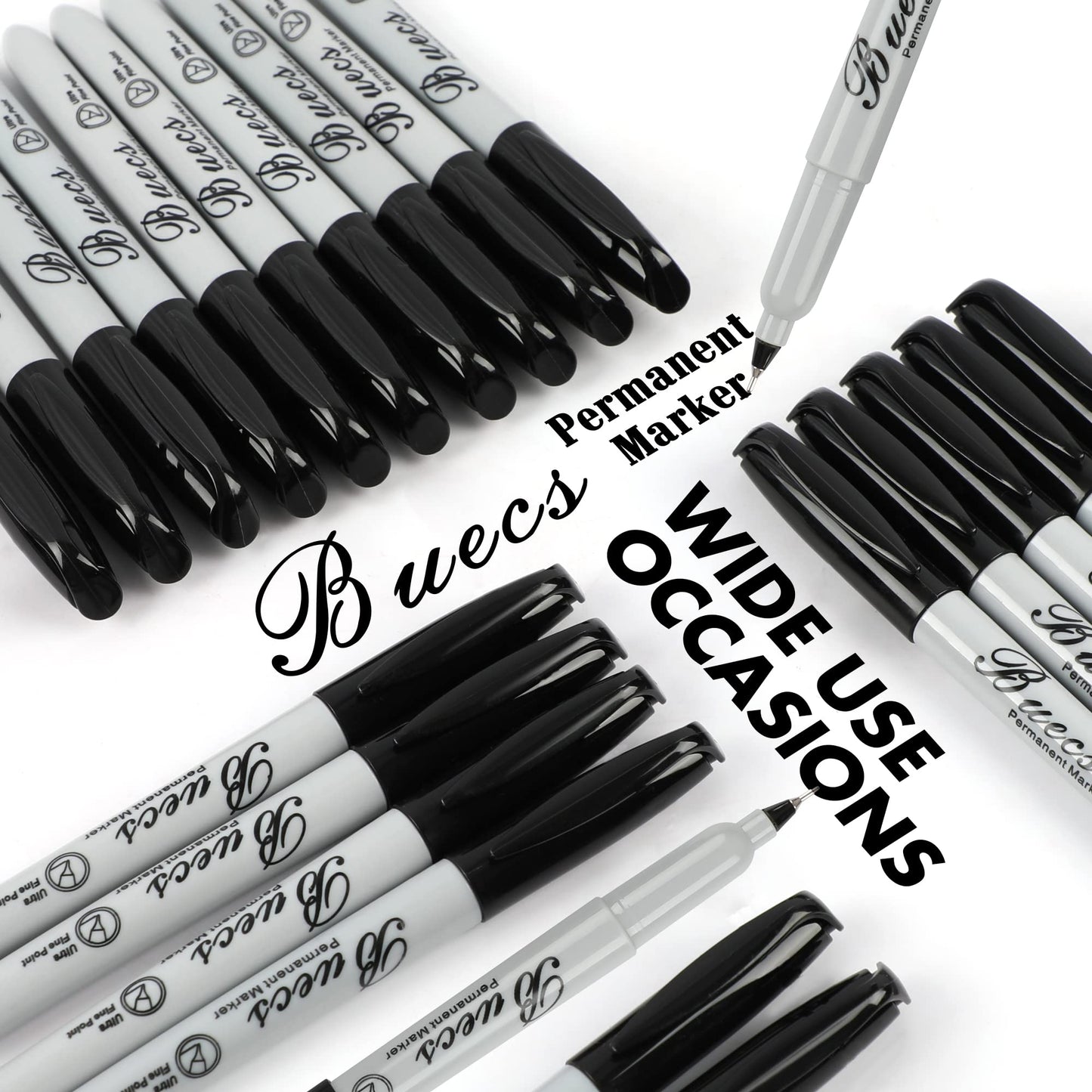 Buecs Permanent Markers, 60 Count Ultra Fine Point Black Permanent Markers, Works on paper, Plastic, Stone, Glass, Metal