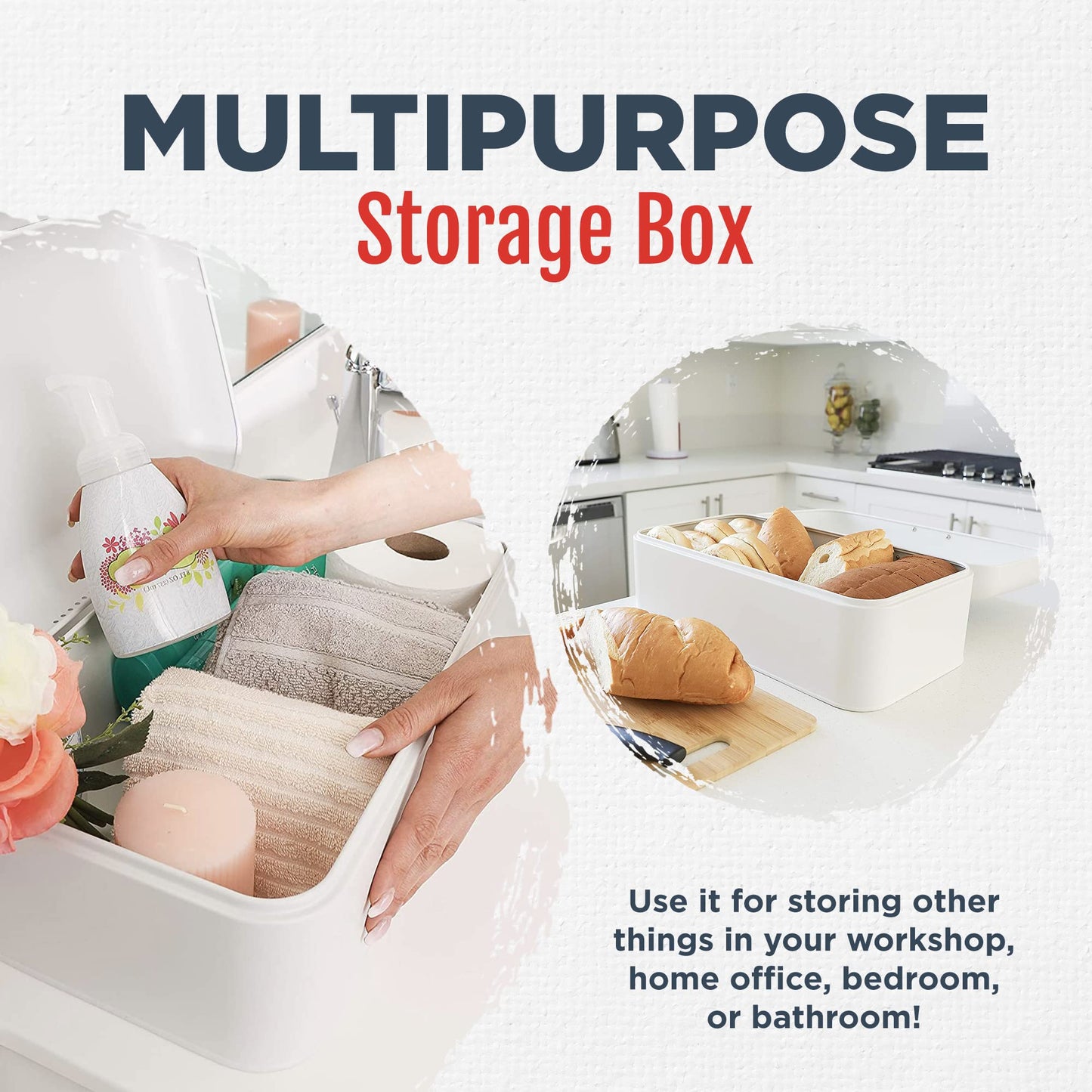 Culinary Couture Extra Large White Bread Box for Kitchen Countertop - Holds 2 Loaves - 16.5" x 9" x 6.5" - Stainless Steel Vintage Bread Boxes for Kitchen Counters
