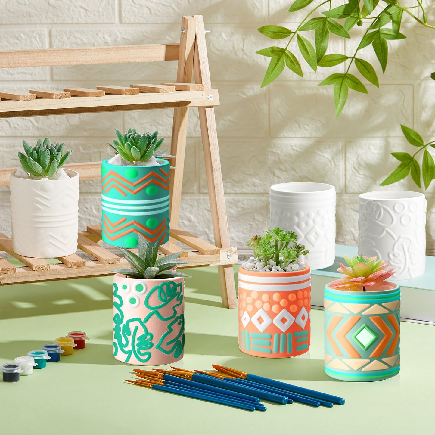 SiliFine Set of 11 Paint Your Own Kit DIY Flower Pot Painting Includes 8 Pcs Unpainted Ceramic Succulent Planters 2 Pcs Color Paints 1 Set Paint Brushes for Classroom Craft Activity (Bohemian)