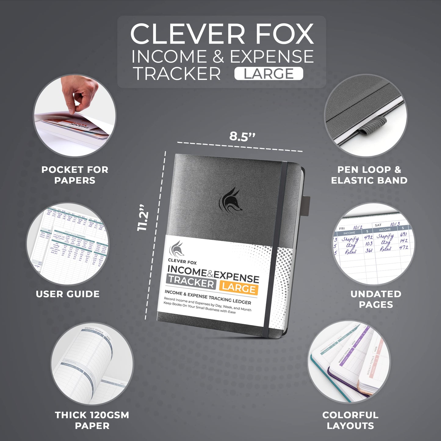 Clever Fox Income & Expense Tracker Large – Accounting & Bookkeeping Ledger Book for Small Business – 2-Year Record Notebook, A4 (Silver Black)