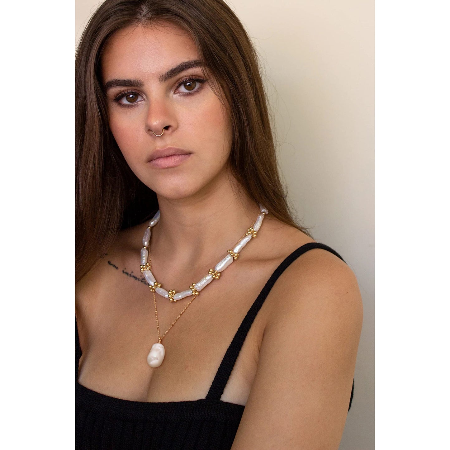 CANEVINKA 18k Gold Plated Satellite Chain Irregular Big Pearl Pendant Necklace for Women