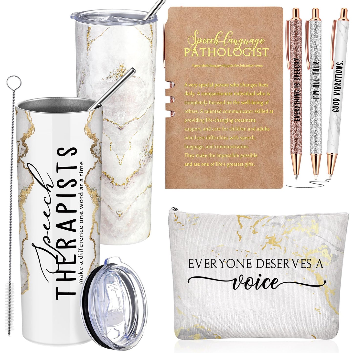 RimCereal 6 Pcs Speech Therapy Gifts Slp Gift for Speech Language Pathologist 20 oz Tumbler Makeup Bag A6 Notebook Ballpoint Pen Slp Graduation Appreciation Gift for Teacher Therapist Birthday(White)