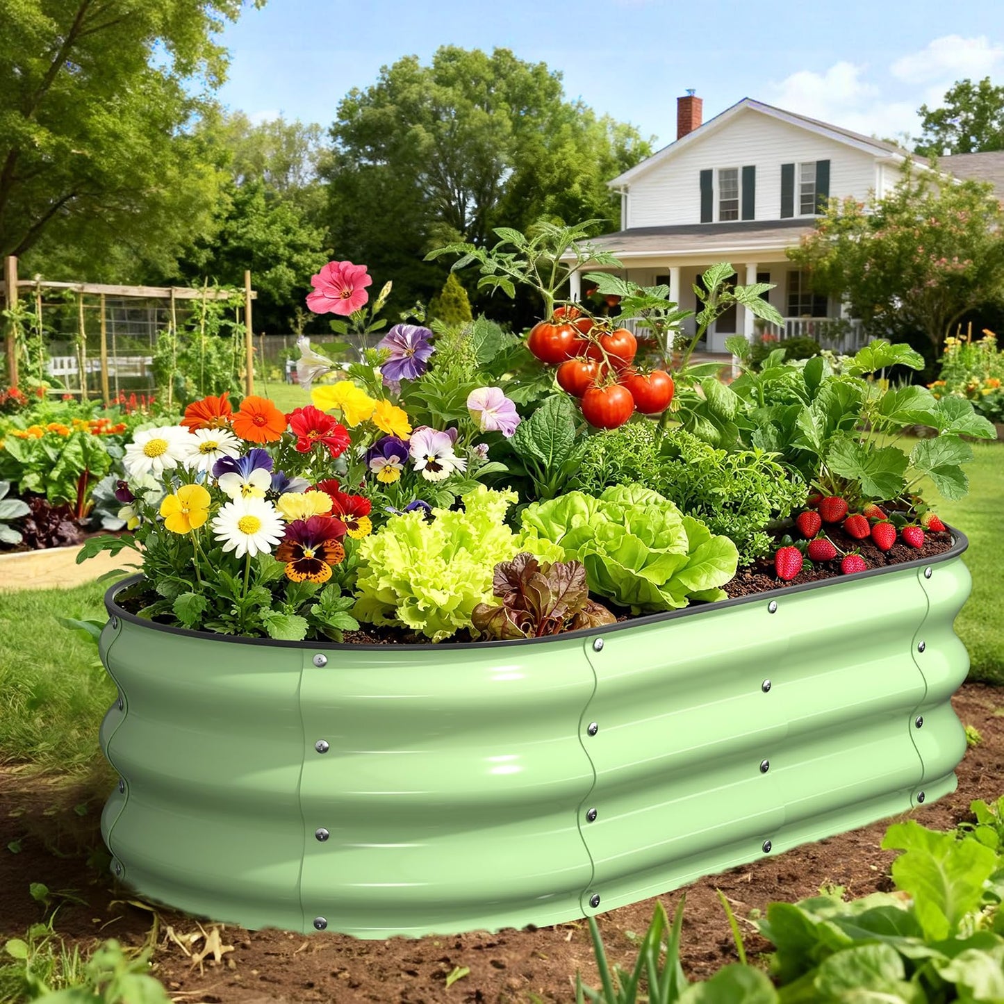 Yumatum Raised Garden Bed 4×2×1 FT, Galvanized Metal Raised Planter Box, Vegetable Planting Container with Safety Edge Trim, Hardware & Gloves Included, Fruit Green for Backyard Patio Balcony