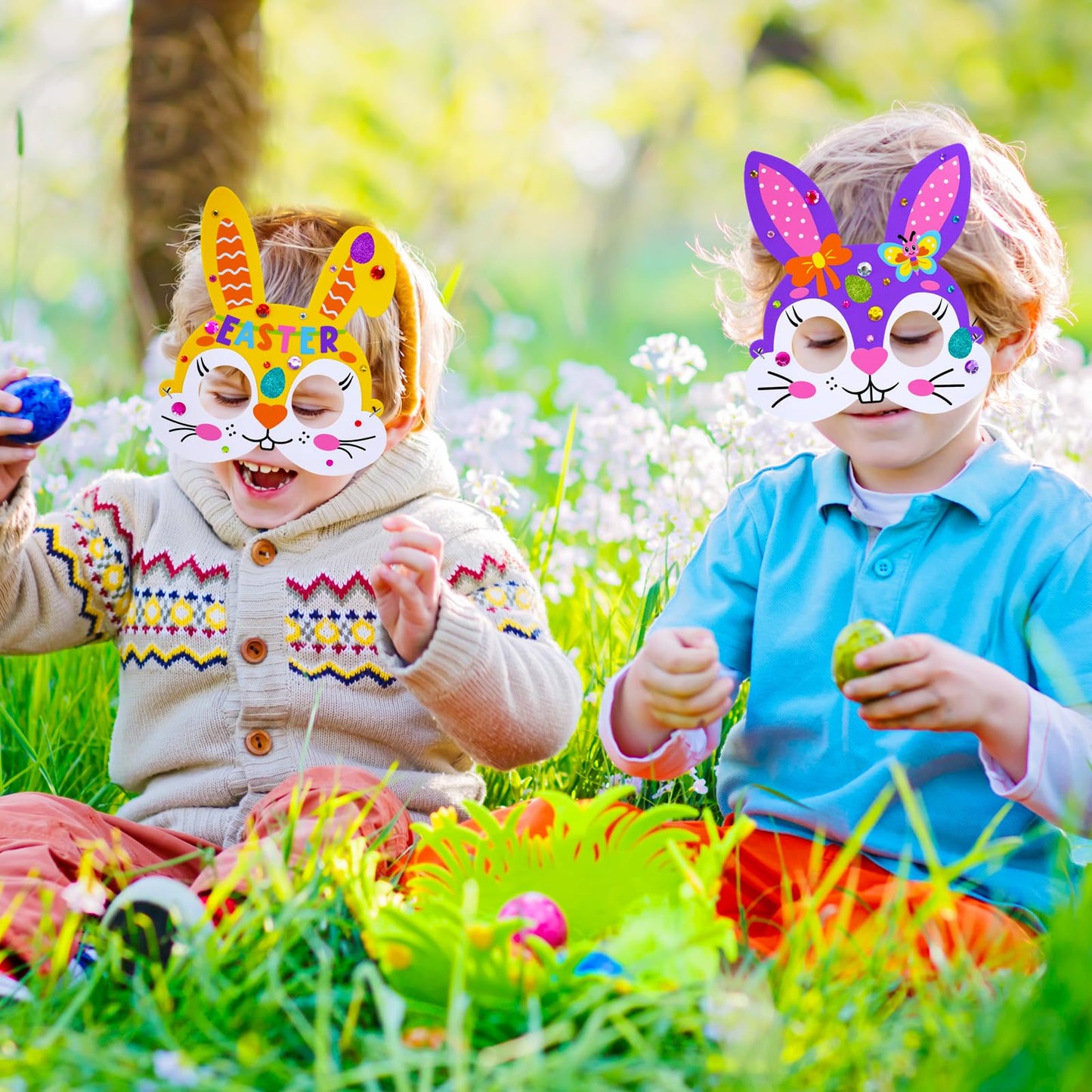 Winlyn 24 Sets Easter Bunny Masks Craft Kits DIY Foam Easter Bunny Party Mask Art Sets Bunny Face Stickers Arts and Crafts for Kids Party Favors Spring Easter Classroom Activities Art Project