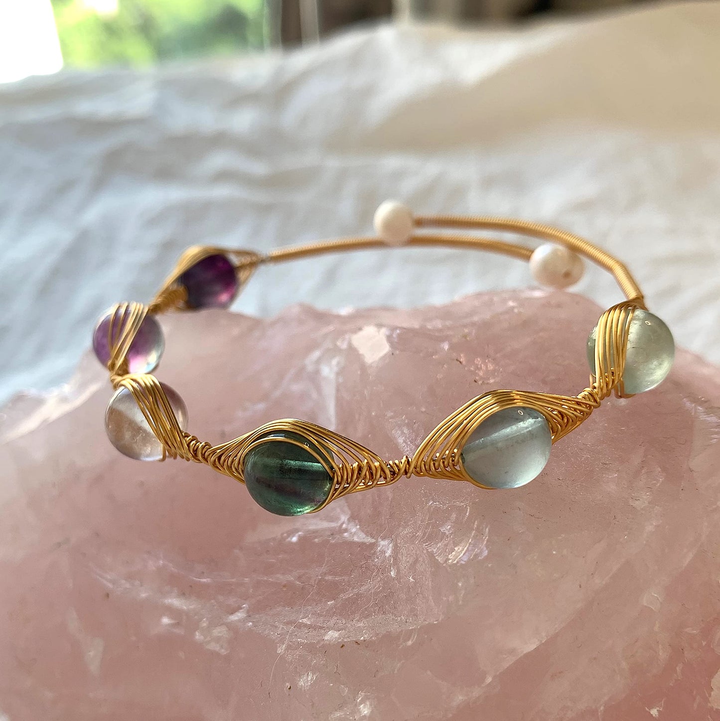 Handmade Genuine Rainbow Fluorite Stones 14k Gold Filled Wire Wrapped Bracelet, Evil Eye Birthstone Chakra Soothing Crystal Beads Adjustable Bangle Cuff Jewelry Gift for Women