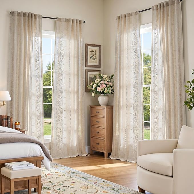 jinchan Winslow Linen Curtains for Living Room Floral Curtains 96 Inch Length Ivory Embroidered Bordered for Sitting Room Farmhouse Decor Light Filtering Window Treatments Set of 4