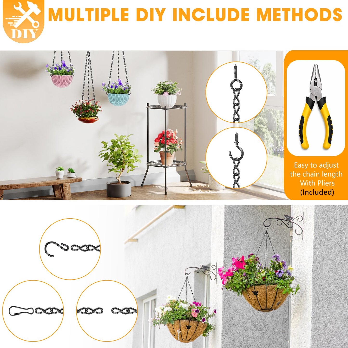 Layboks 79 Inch Black Hanging Baskets Chains - Adjustable Length, Small Hanging Chain with A Great Assortment of Hooks and Pliers for Hanging Bird Feeders,Planters, Billboards,DIY