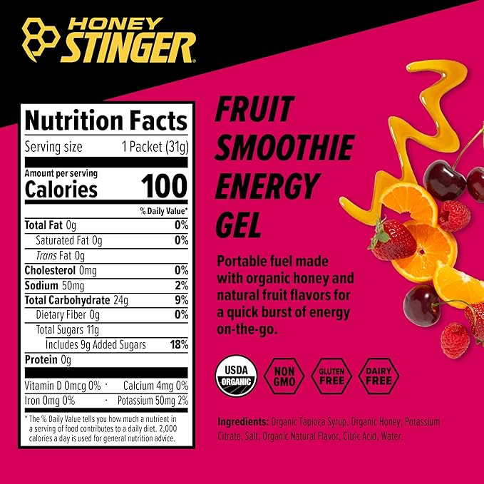 Honey Stinger Energy Gel Variety Pack | 12 Packs Each of Gold and Organic Fruit Smoothie | Gluten Free & Caffeine Free | Sports Nutrition for Home & Gym, Pre and Mid Workout