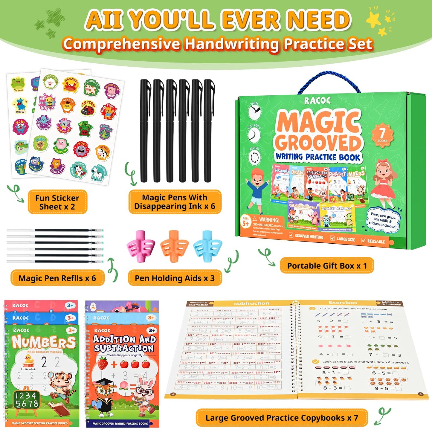 Magic Grooved Writing Practice for Kids, 7 Pack Reusable Grooved Handwriting Workbooks 6 Pens and 6 Refills for Ages 3-5 Kids, Large Writing Practice Books for Preschool Learning Activities
