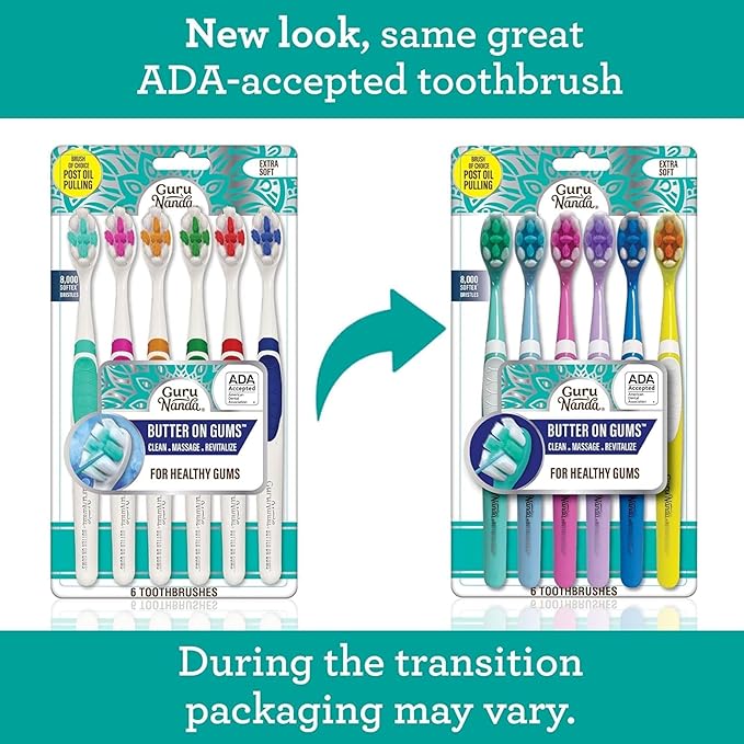 GuruNanda Butter On Gums Toothbrush, ADA Accepted, with 8000+ Ultra Soft Softex Bristles for Sensitive & Receding Gums, Perfect for Whiter Teeth, 6 Ct (Pack of 4)