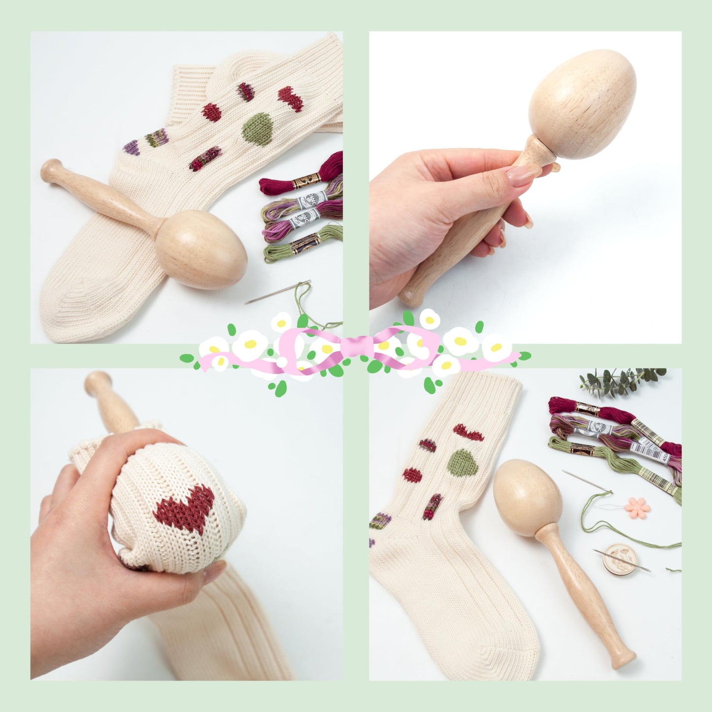 Darning Egg - Mini Darning Loom, Darning Egg Weaving Tool Set with Small Weaving Loom Kit with 14 Pcs Large Eye Needles 50 Colors Darning Thread for Handcraft DIY Weaving Repair Tool