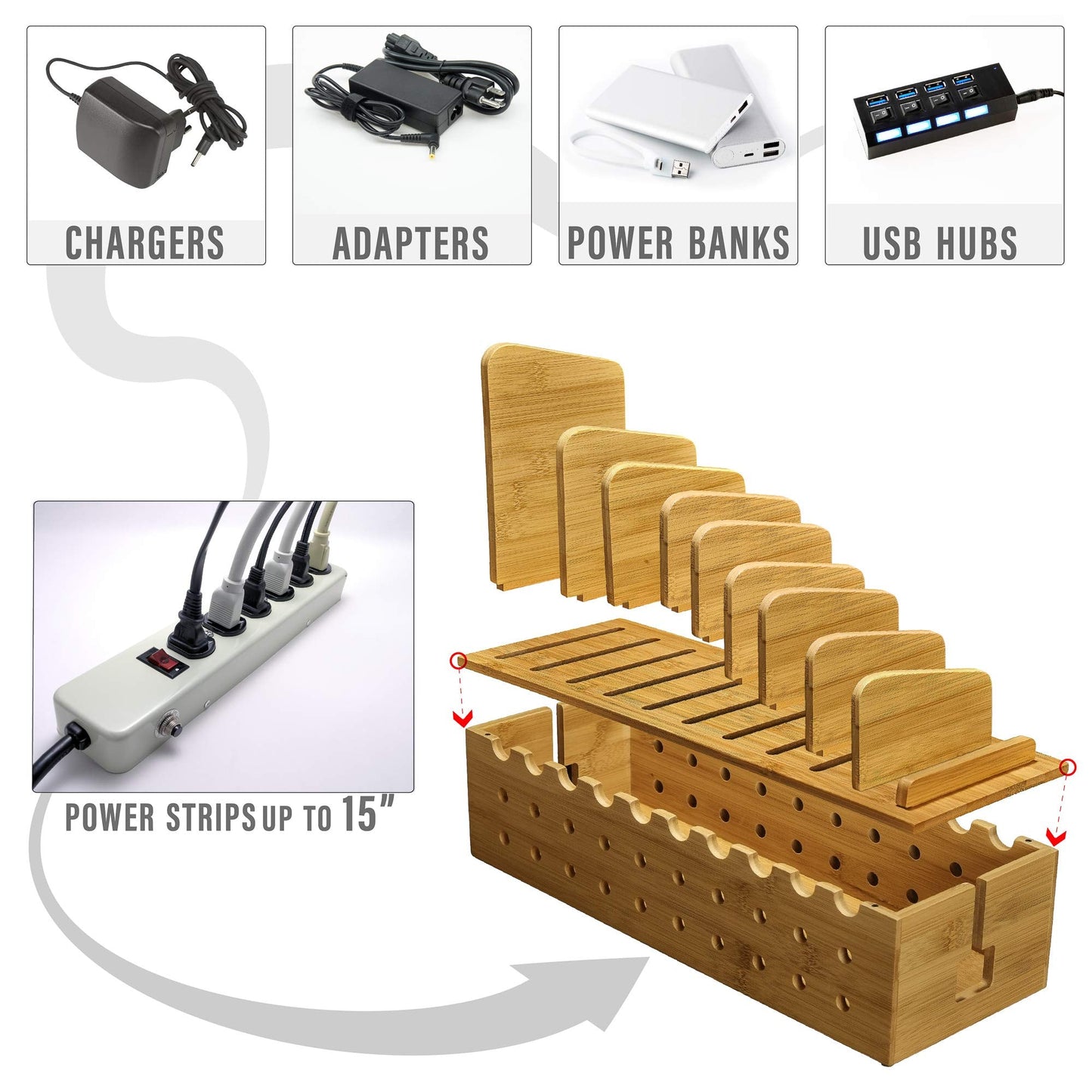 Prosumer's Choice Multi Device Charging Station - Bamboo Charging Dock and Cord Organizer for 10 Devices - Bamboo Desk Organizer Rack with Cable Box for Power Strip Storage, Phones and Tablets