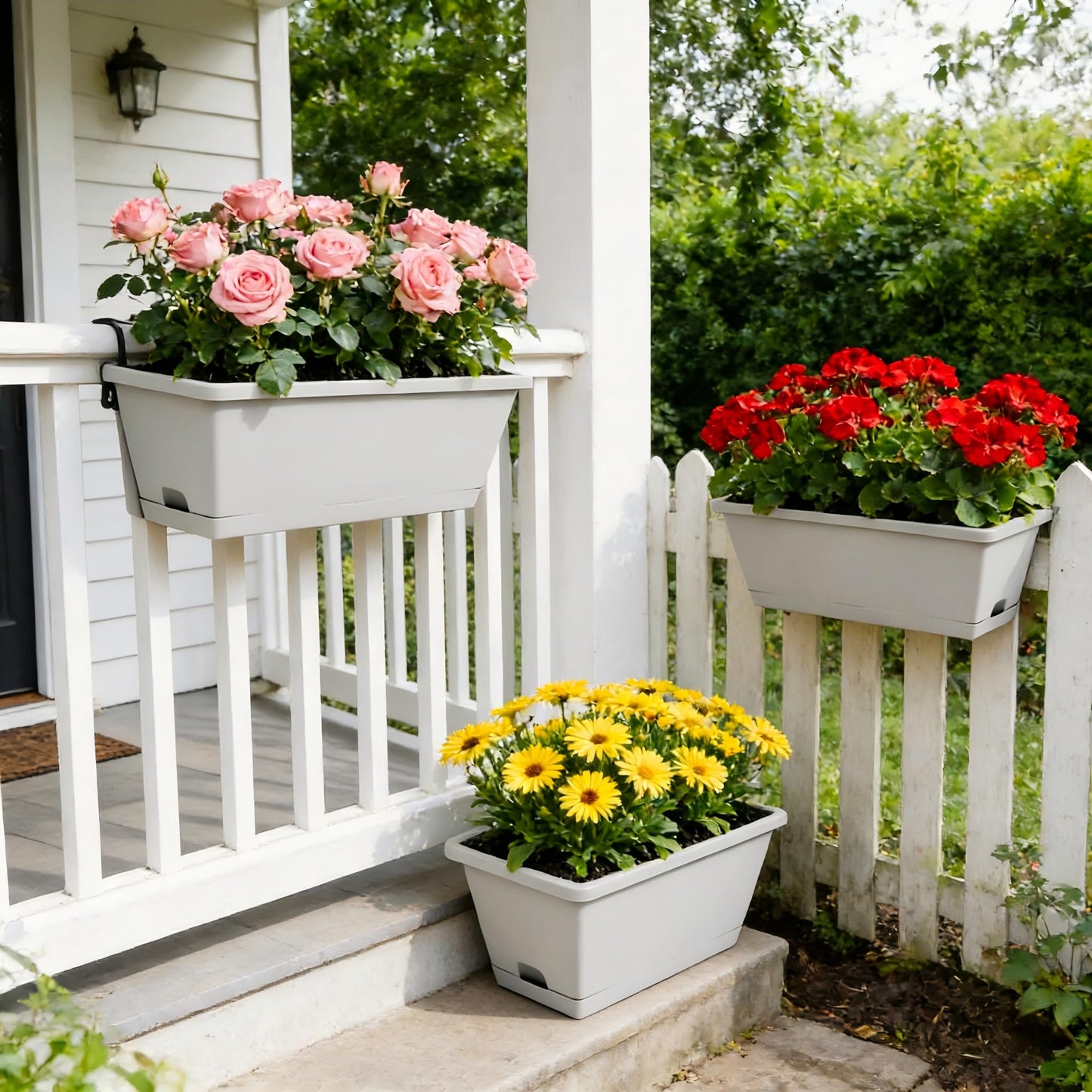 Planter Boxes for Domestic Gardening 8 Pcs, 17 Inch Long Window Sill Planter Box Outdoor, Plastic Rectangular Window Rectangle Window Boxes Planters with Drainage Holes and Trays for Windowsill