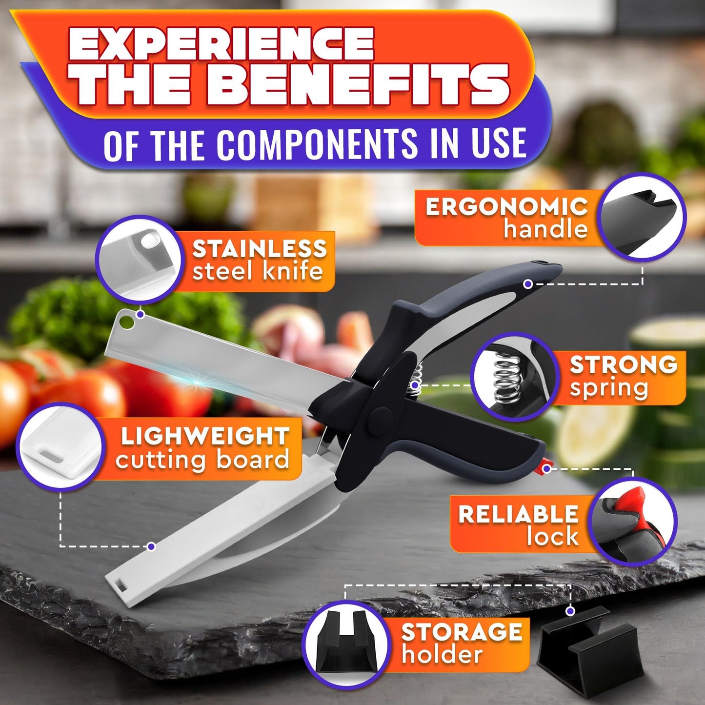 2 in 1 Kitchen Scissors for Food – Stainless Steel 9.5" Tomato Knife Chops Vegetables, Fruit, Cheese, Meat in Seconds | Dishwasher Safe Cutting Board Scissors with Safety Lock – Mess-Free Prep