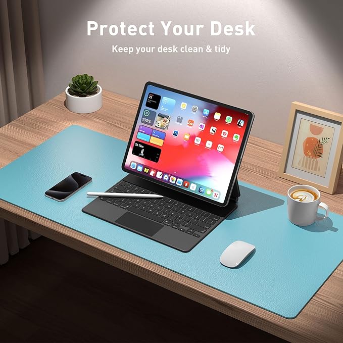 Aothia Large PU Leather Desk Pad Protector – Non-Slip Mouse Pad & Writing Mat for Office/Home, Waterproof, Easy to Clean (31.5" x 15.7", Blue Topaz)