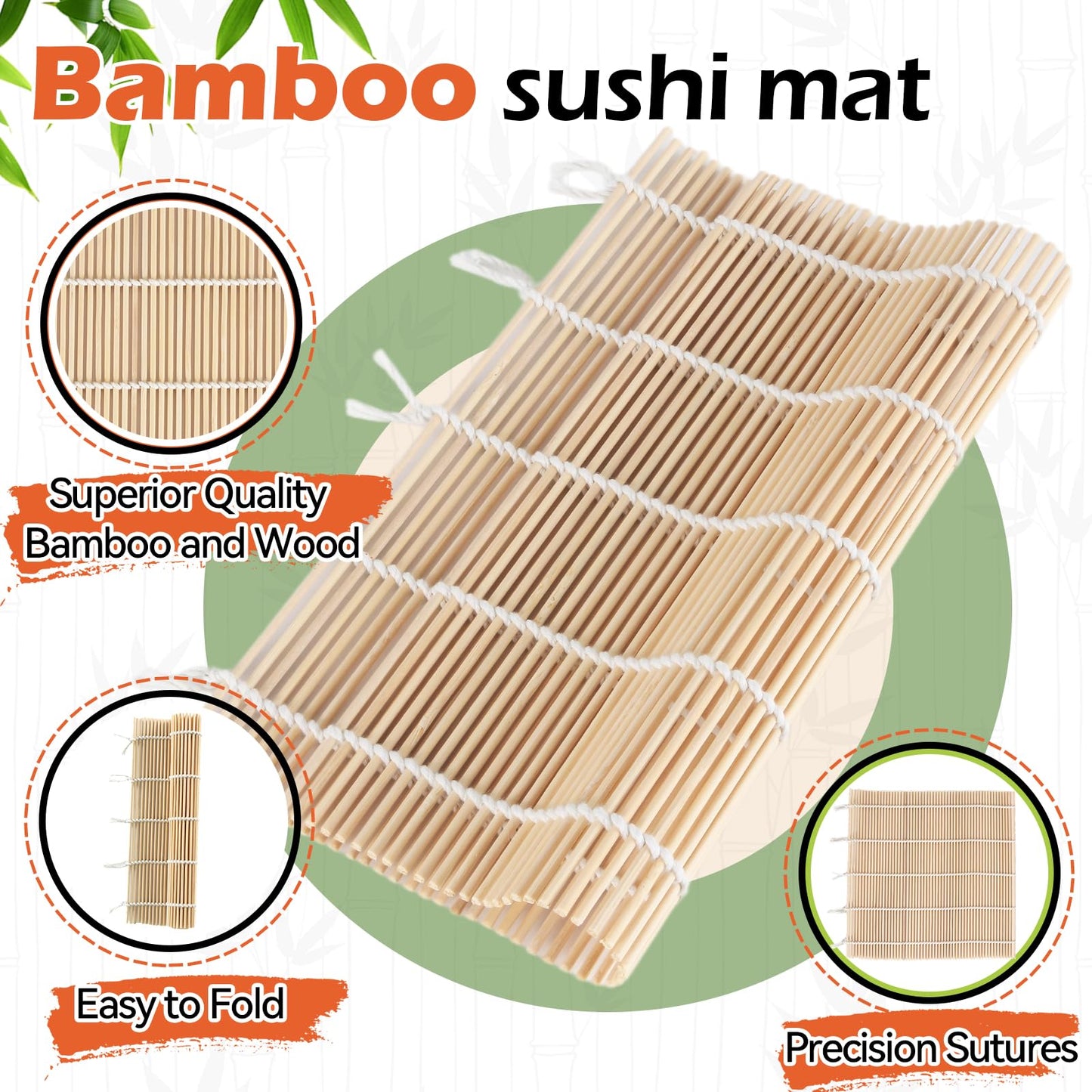 LEQC 10PCS Sushi Rolling Mat 9.5"x9.5" – Durable Sushi Mat with Tightly-Bound Design for Home & Restaurant Use (White)