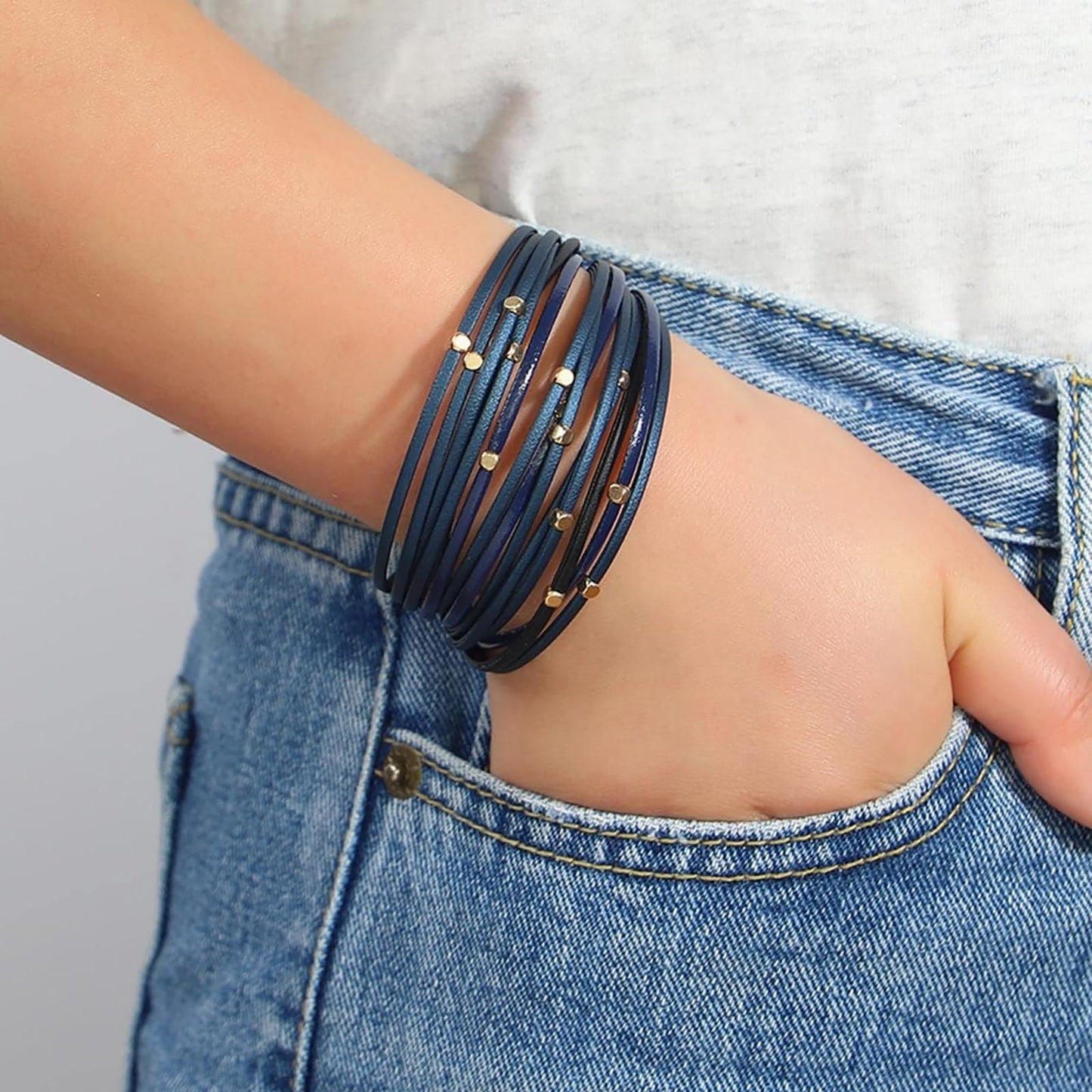 Leopard Bracelet for Women, Boho Leather Wrap Multi-Layer Pearl Crystal Bracelet Bangle Jewelry(CubeBead(Navy))