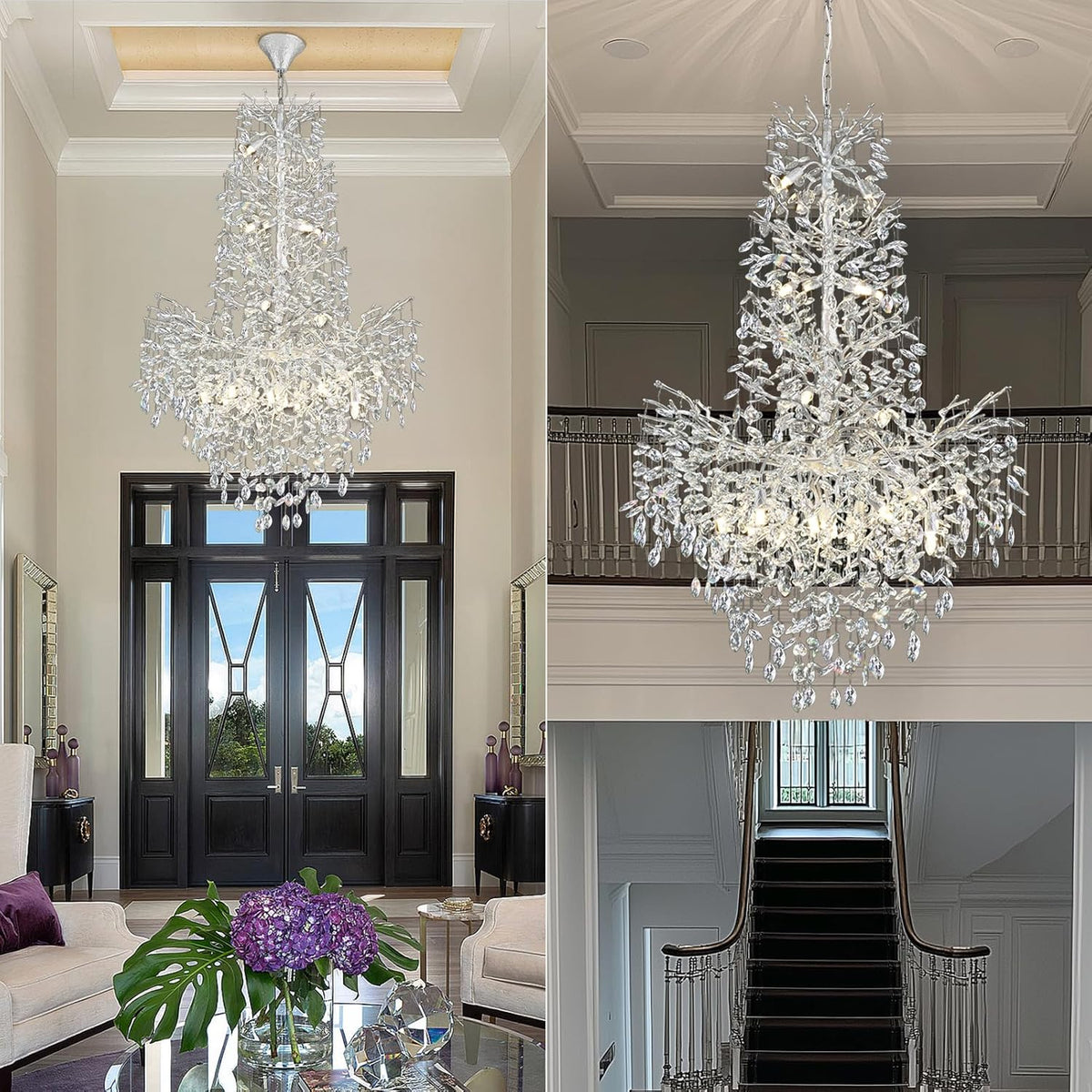 H61'' Modern Silver K9 Crystal High Ceiling Chandeliers, 23-Lights Staircase Chandeliers,Large Crystal Tree Branch Chandelier, D40'' Foyer Chandelier,for Living Room,Entryway