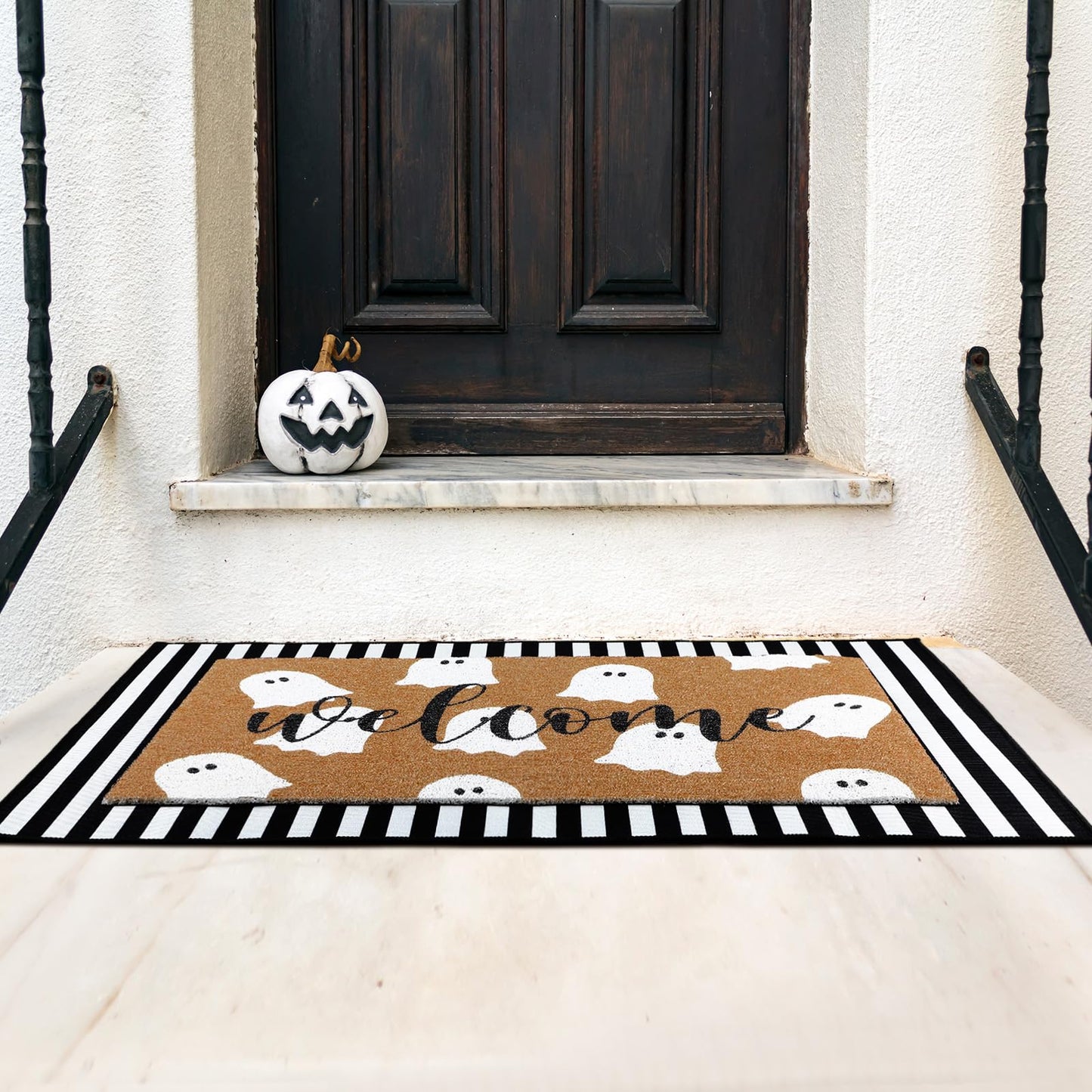 Tinideya 2 Pcs Door Mat Welcome Non Slip Coir Mats Floor Layering Doormats Seasonal for Front Porch Entryway Decor(Spooky)