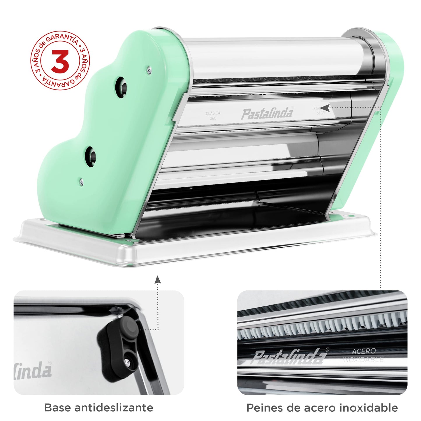 PASTALINDA Classic 260 Pasta Maker Machine, 26 cm Wide Rollers, 9 Thickness Positions, 2 Cutting Positions, Stainless Steel. Includes Reinforced Hand Crank And Two Clamps (Pastel Green)