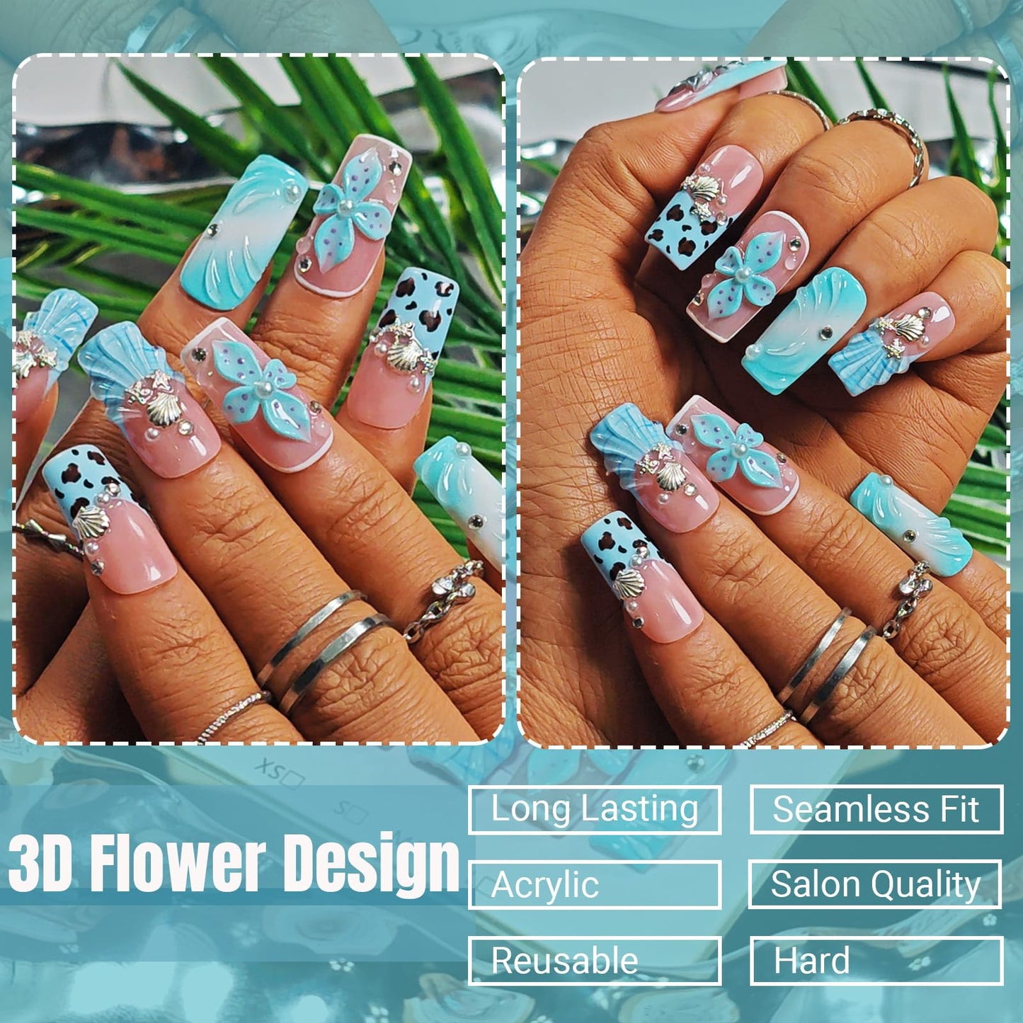 Handmade Press On Nails Square, Blue Press On Nails Medium, 3D Acrylic Nails French Tip Silver Flower Shell Leopard For Women Gift, Reusable Stick On Fake Nails Kit With Nail Glue(Tidal Blossom-M)