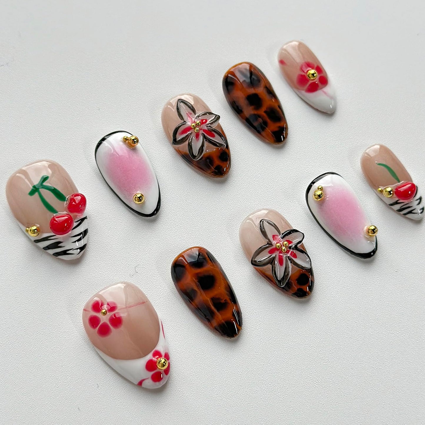 Luxury Press on Nails Short Almond Handmade 3D Unique Reusable ABS Material Fake Nails French Tip False Nails with Designs Flower Leopard Print Fall Glossy Glue on Nail Thick Acrylic Nail(M)