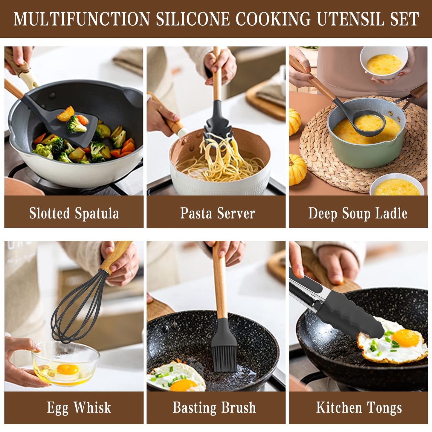 Umite Chef Kitchen Cooking Utensils Set, 33 pcs Non-stick Silicone Spatula Set with Holder, Woodle Handle Heat Resistant Gadgets Utensil (Gray)