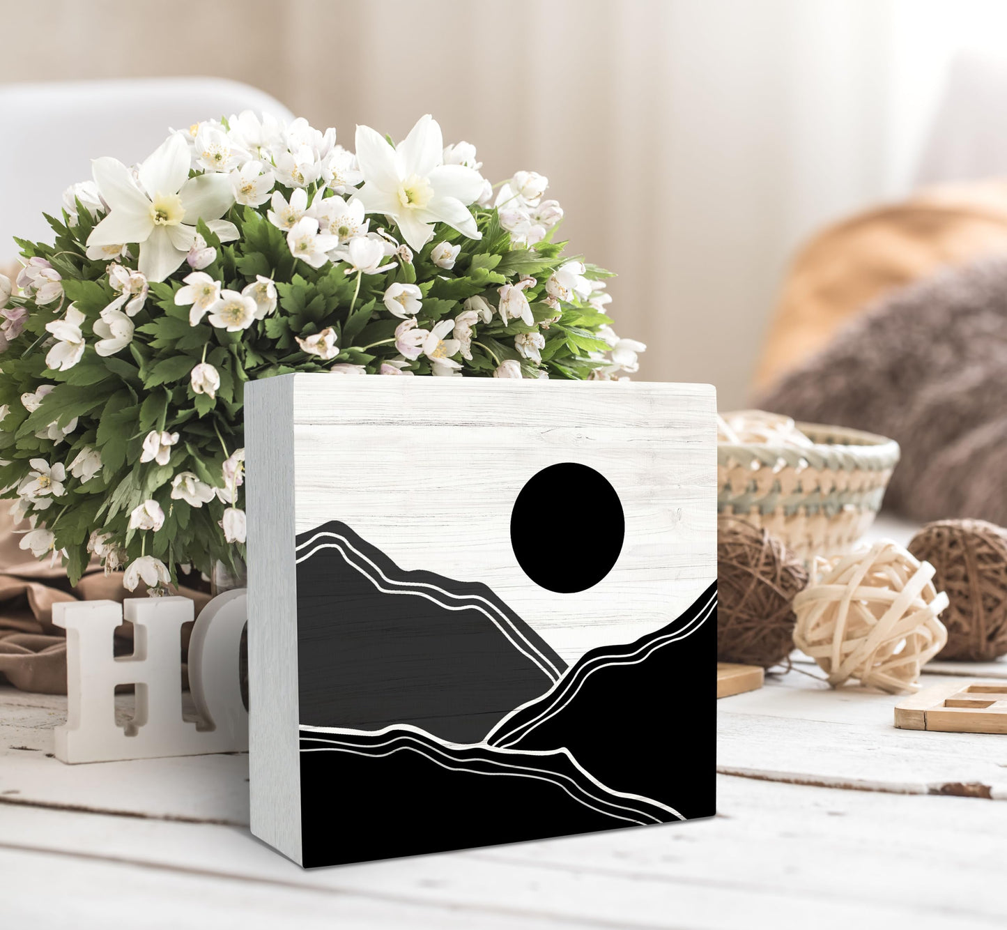 SRADMO Abstract Black and White Boho Sun Mountains Wood Box Sign Desk Decor, Bohemian Nature Landscape Wooden Block Box Sign Decoration for Home Office Shelf Table Decorative Accessories
