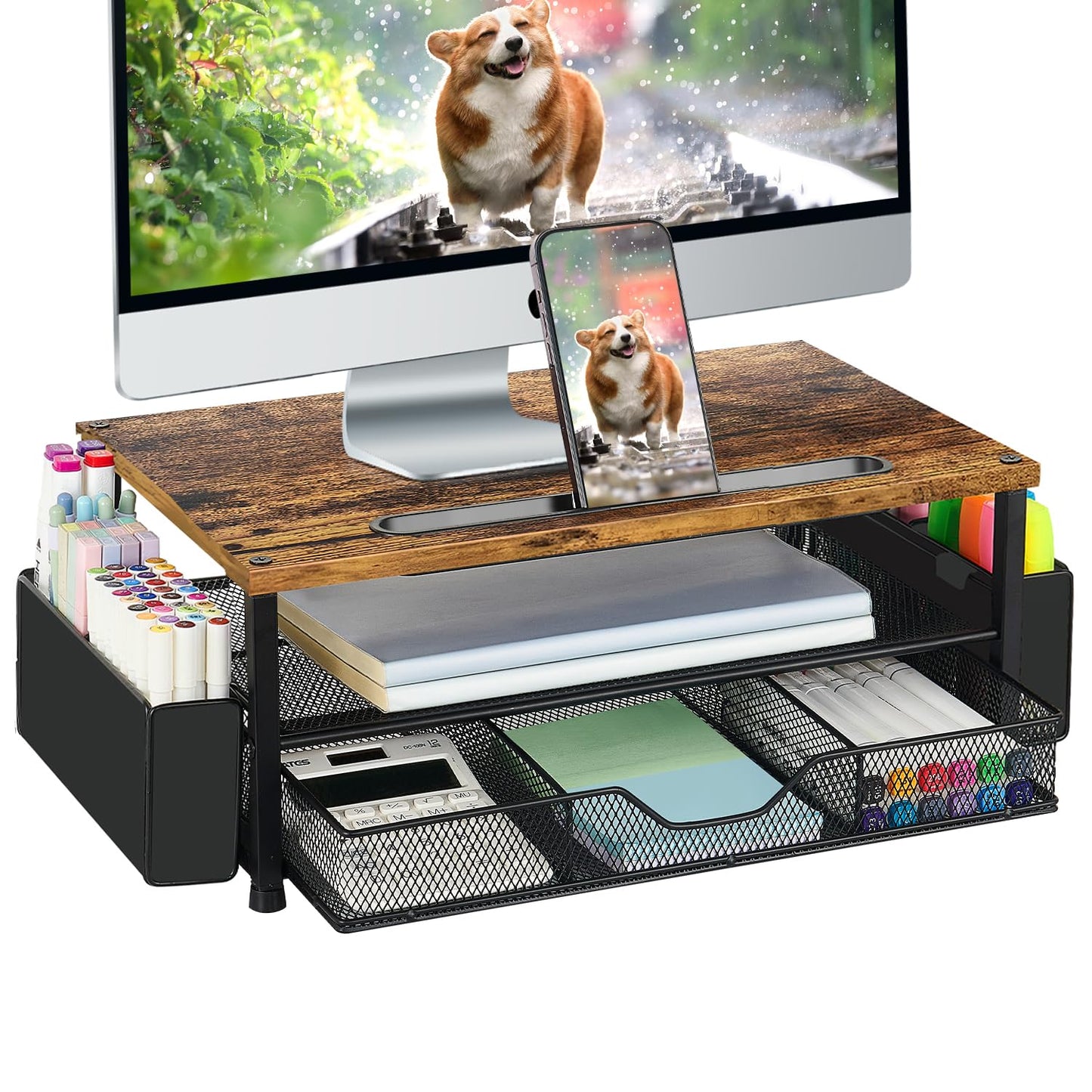 AUPSEN Wood Desk Organizers and Accessories, 2-Tier Computer Monitor Stand Riser with Drawer, Pen Storage & Phone Holder, Office Desk Accessories, Workspace Desktop Organization for Office Supplies（Brown）