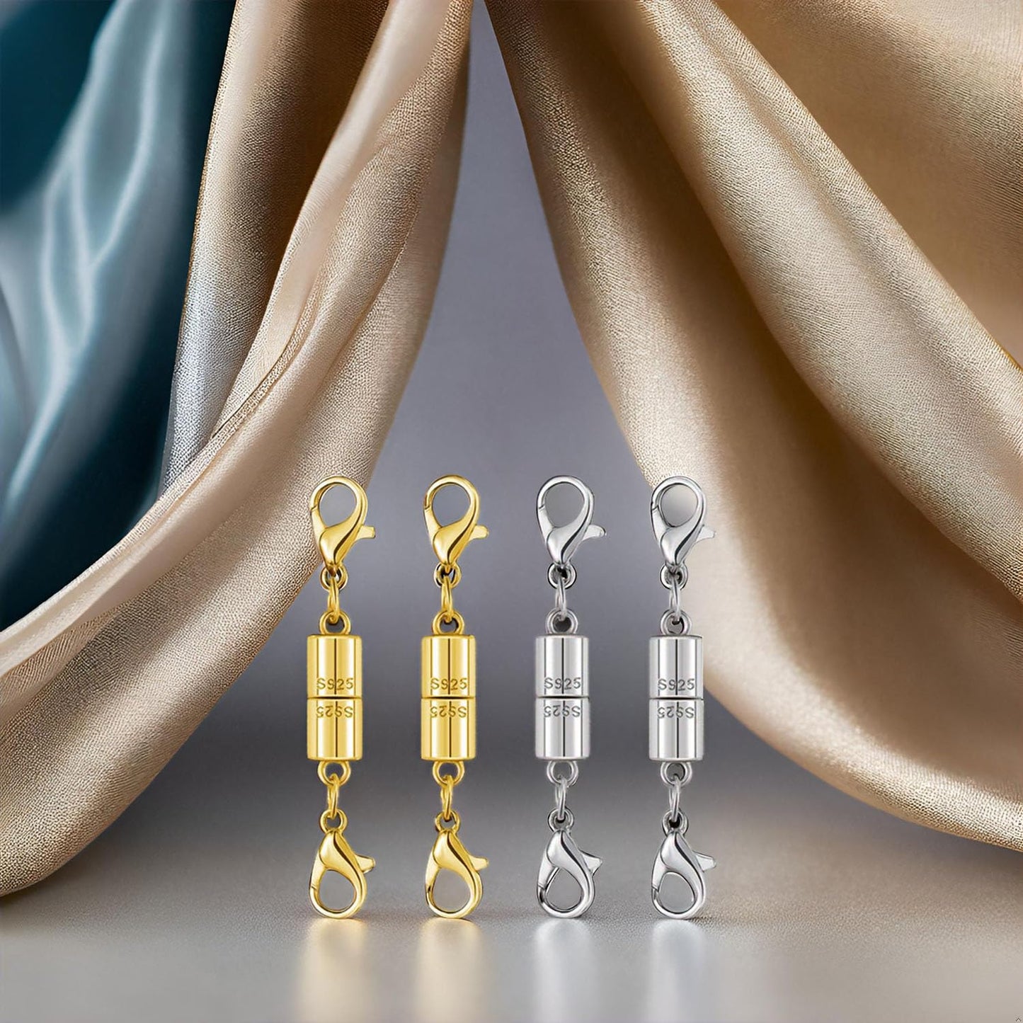 Magnetic Jewelry Clasps, 925 Sterling Silver, Strong Magnetic Closures for Necklaces and Bracelets (4pcs Silvery)