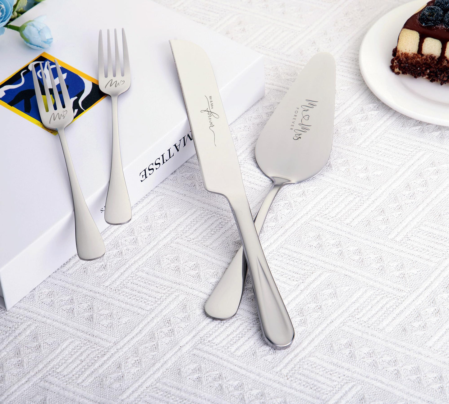Silver Cake Cutting Set for Wedding, Cake Knife and Server Set, Bride & Groom Cutter Server Set and Forks, Birthday, Wedding, Bridal Shower Gifts for Couples