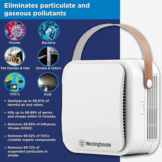 Westinghouse Portable Air Purifier with Patented NCCO 1804 Technology with True HEPA Filter and NCCO Technology - Kills, Disinfects and Removes Bacteria, Viruses, VOCs, Allergens, Dust, Smoke