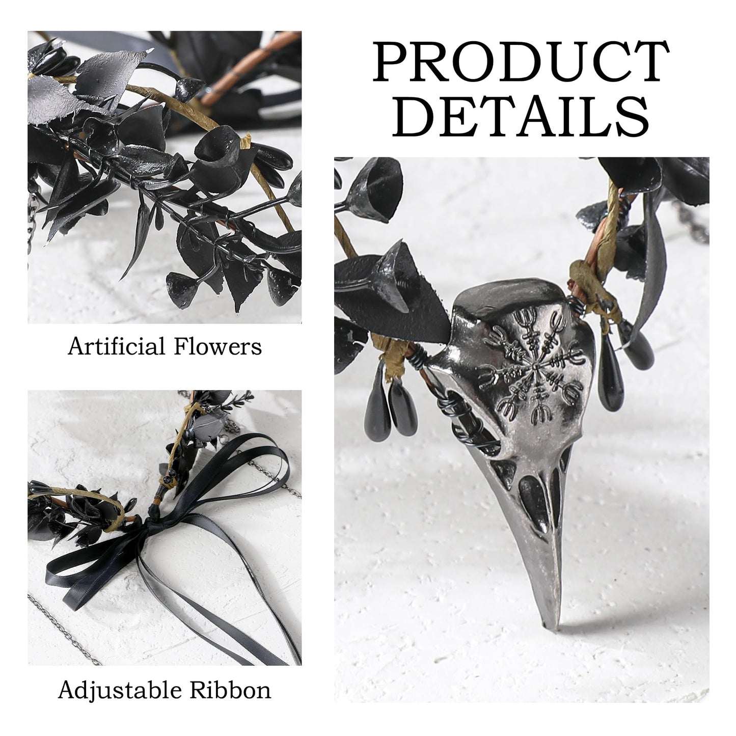 MOSTORY Black Raven Elf Crown - Gothic Flower Headpiece with Tassel for Witch Accessories Women, Dark Floral Circlet for Renaissance Renfaire Halloween Witchcore Cosplay