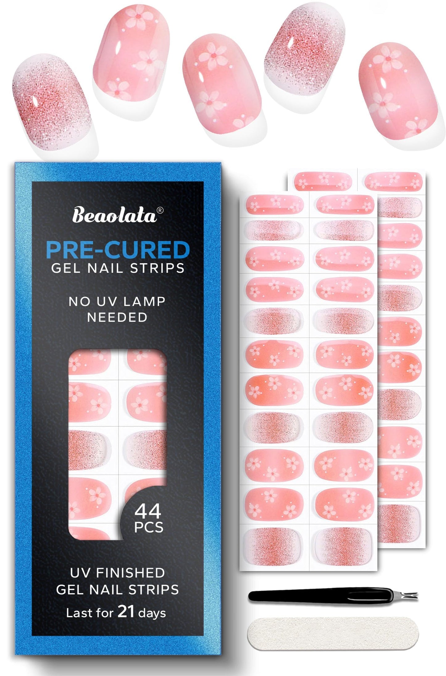 Beaolata Real Gel Nail Strips (No UV Light Needed) - 44Pcs Salon Quality Nail Stickers - Long Lasting Polish Wraps for Women, Easy Apply & Remove (BloomPink)