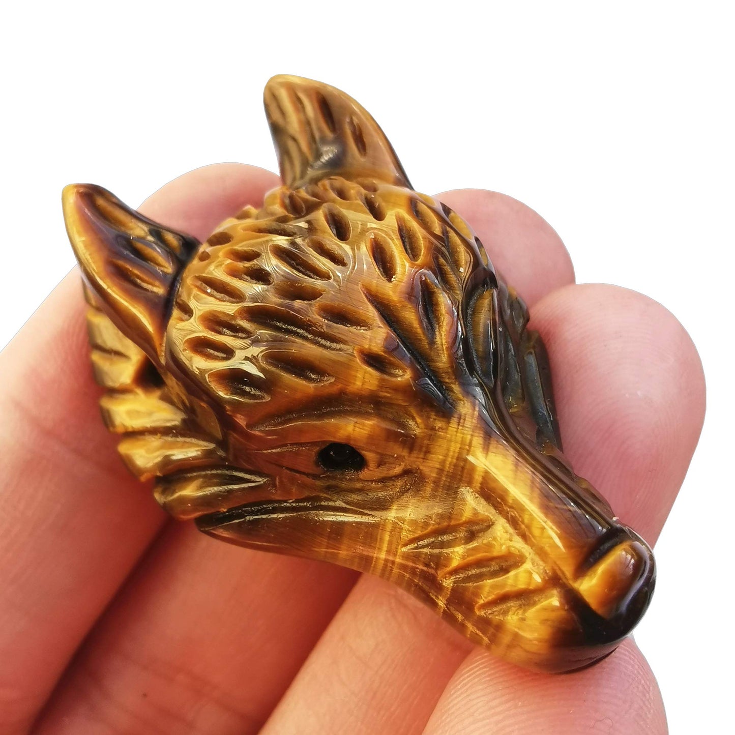 Bacatgem Natural Tiger's Eye 1.57 inchs Wolf Head Pocket Crystals and Healing Stone Figurine,Haped DIY-Jewelry Pendant