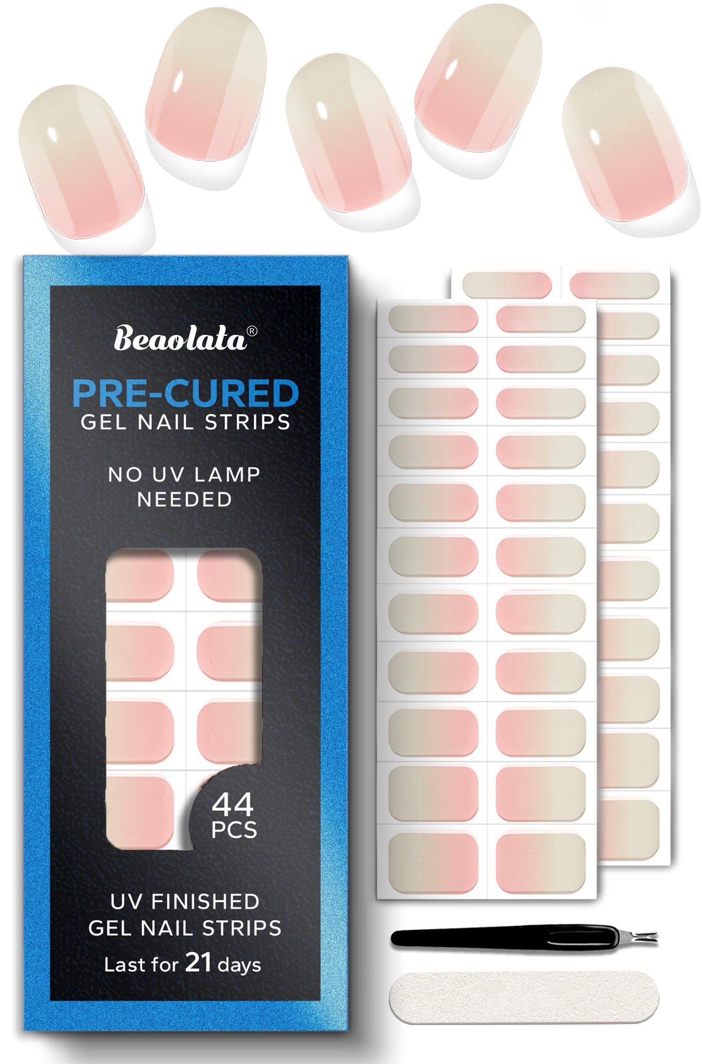 Beaolata Real Gel Nail Strips (No UV Light Needed) - 44Pcs Salon Quality Nail Stickers - Long Lasting Polish Wraps for Women, Easy Apply & Remove (Berry Meringue Pink)