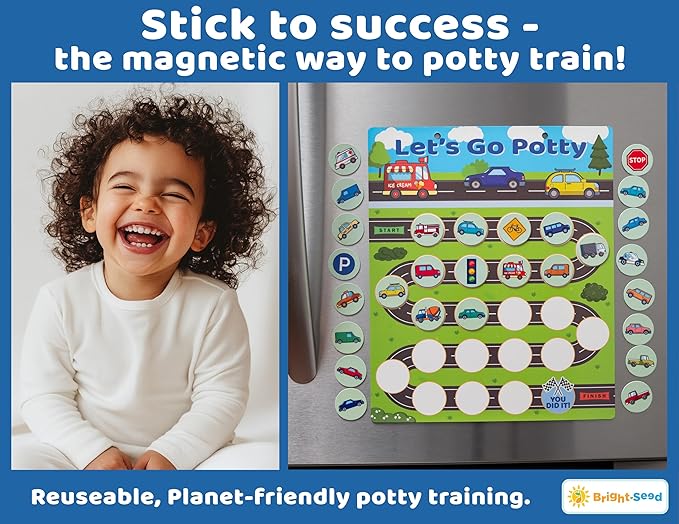 Bright Seed Reusable Magnetic Cars Potty Training Chart, Potty Training for Boys, Potty Training Sticker Chart, Potty Training Rewards for Boys, 12x10 Inches Magnetic Chart with 28 Chips