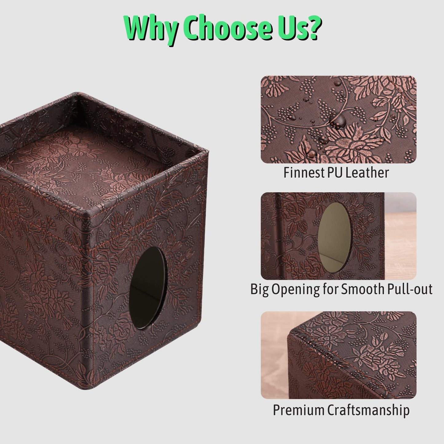 Lorteme Tissue Box Cover, PU Leather Square Tissue Box Holder with Upper Storage Tray for Bathroom/Countertop/Nightstand/Office Table - Antique