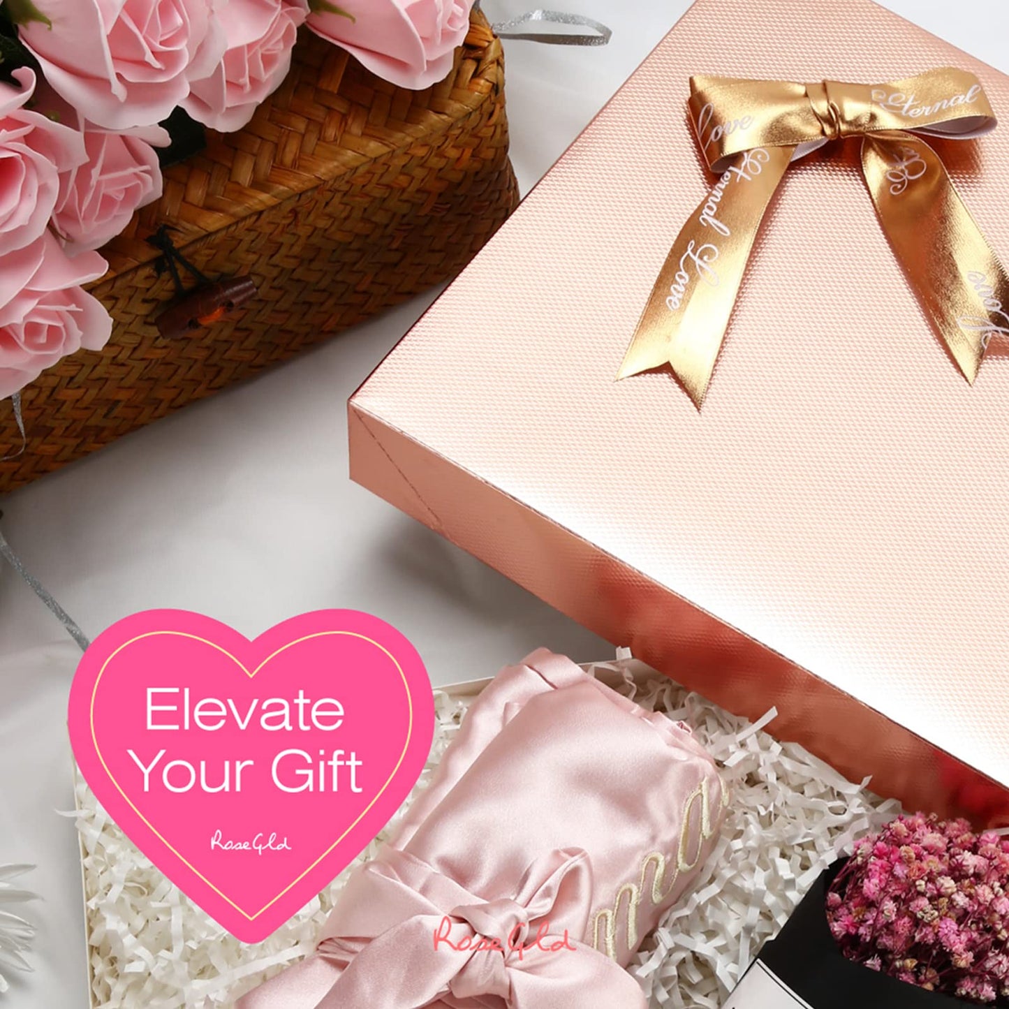 ROSEGLD 12 Gift Boxes with Lids - 11x8.5x1.5 Inches, Apparel Gift Boxes in Glossy Rose Gold with Grain Texture