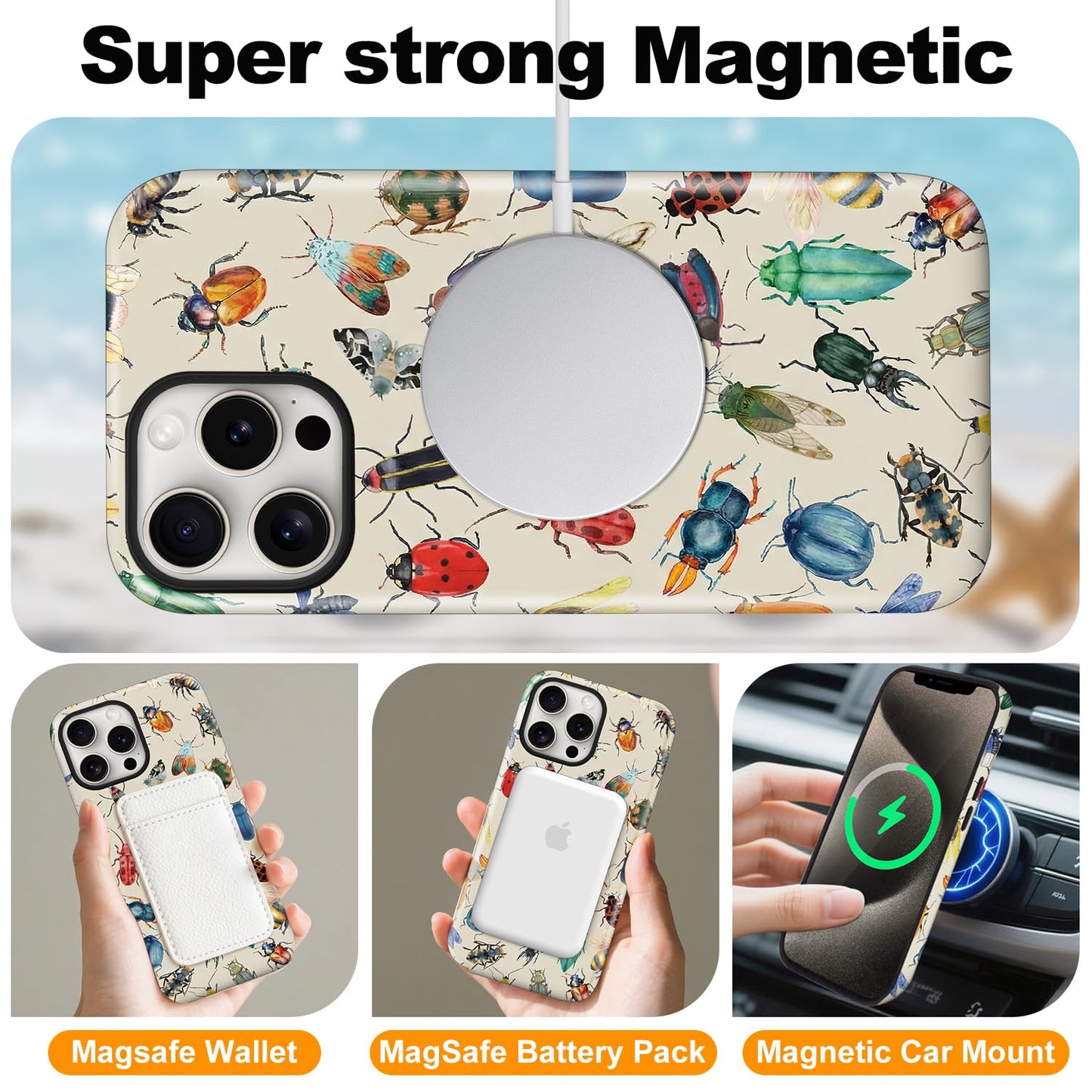 flewfun Magnetic for iPhone 15 Case Cute Beetle Phone Case, Entomology Insect Art Shockproof Slim TPU and Hard PC Protective Phone Cover Compatible with MagSafe Gift for Entomology Lover