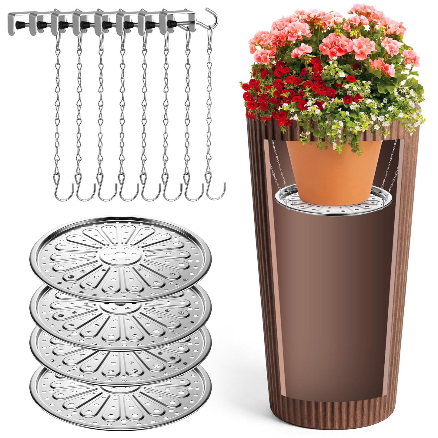 ElaraBerry 4 Set 11'' Adjustable Height Plant Inserts with Chain for Inside Pots Stainless Steel Plant Pot Insert Round Planter Filler Elevate Plants to Reduce Soil Usage for Large Tall Flower Pots